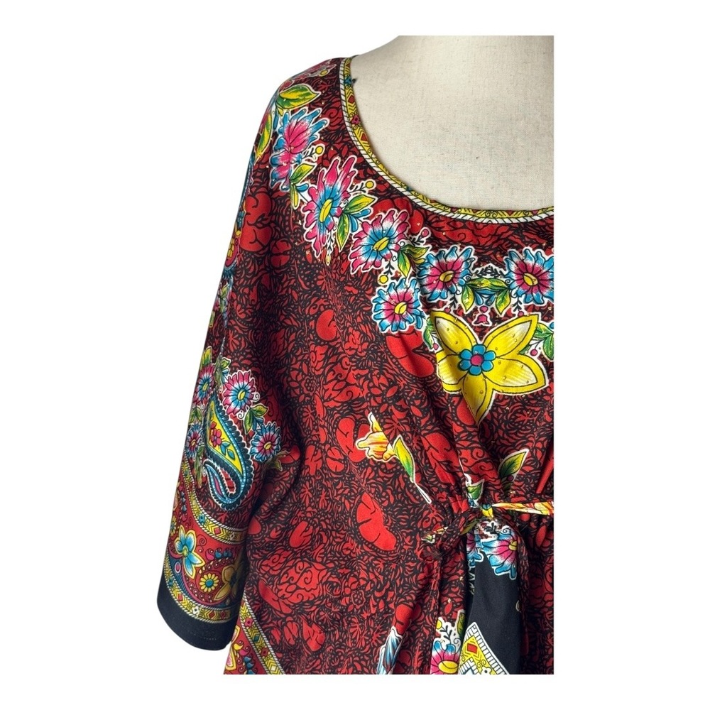 True Rock Caftan Dress Women OS Red Floral Print Maxi Kaftan Boho Coverup Kimono - Picture 6 of 10